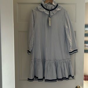 Grosgrain Trim Oxford Stripe Bouvier Dress, 3/4 sleeve.